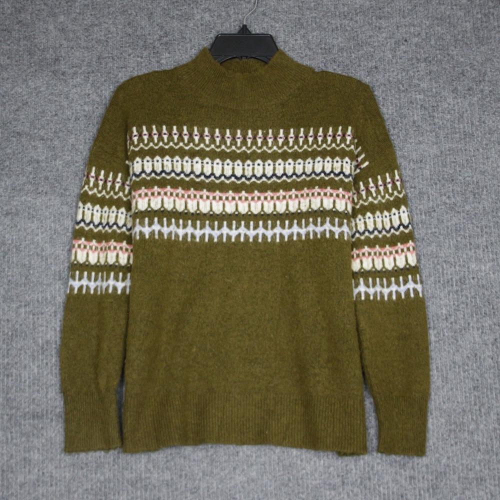 Fat Face Sweater Womens 8 Olive Green Fair Isle Mock Neck Knit Winter Warm